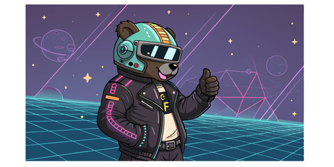 Futuristic cyberpunk bear wearing helmet and jacket at night
