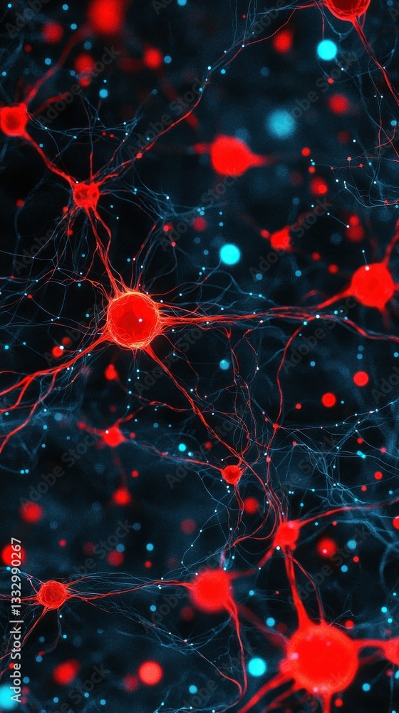 Poster neuron network red & blue nodes with connecting lines on a dark background