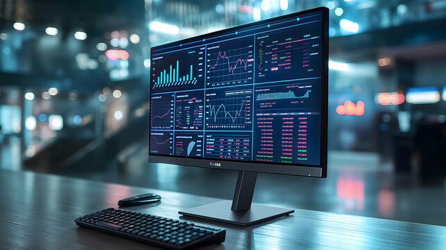 Business Data Analytics Modern Monitor Display with Stock Market Graphs and Charts