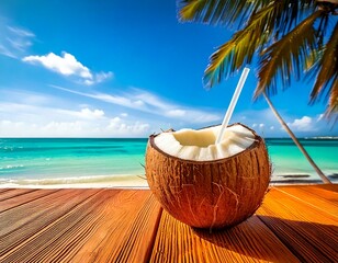 Obraz premium A freshly cut coconut with a straw on a wooden table with a tropical holiday destination in the background, blue ocean sandy beach and palm trees in the sun on a summers day