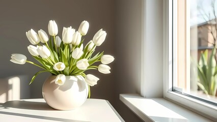 White Tulips in Ceramic Vase on Windowsill – Minimalist Spring Decor with Soft Natural Light and Tranquil Aesthetic