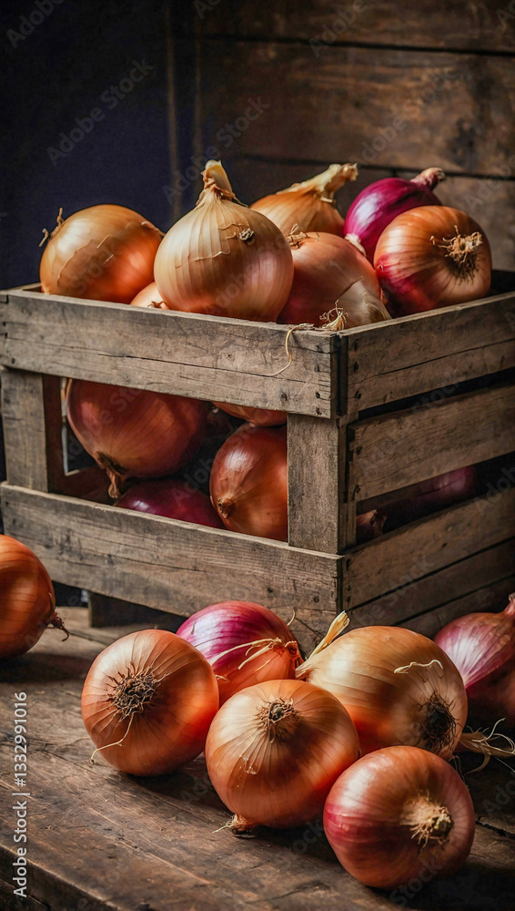 Poster crate of onions displayed on a table