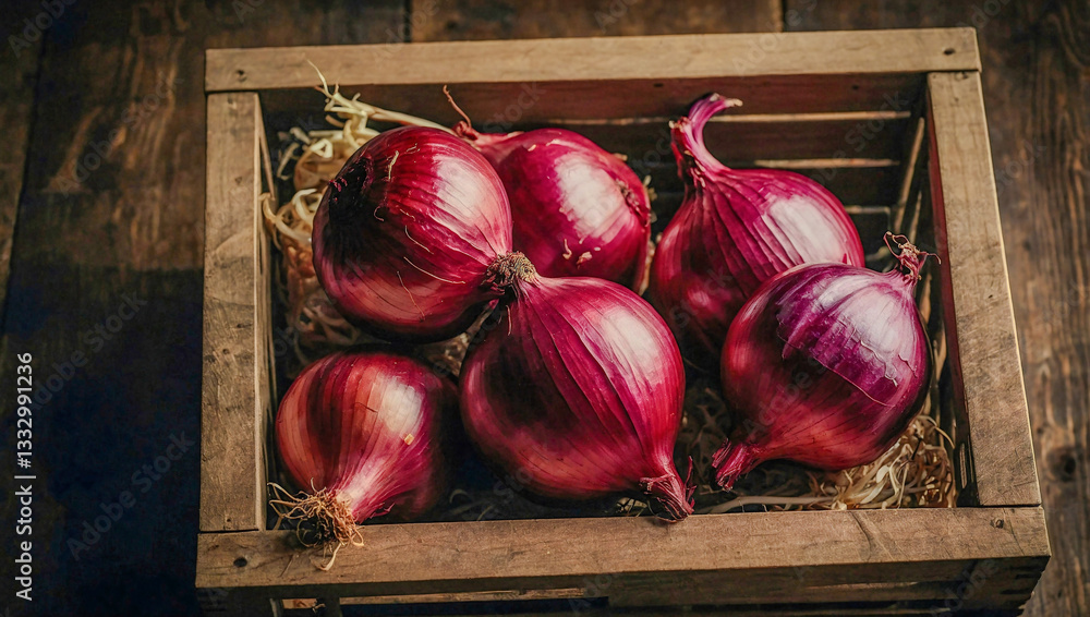 Poster crate of onions displayed on a table