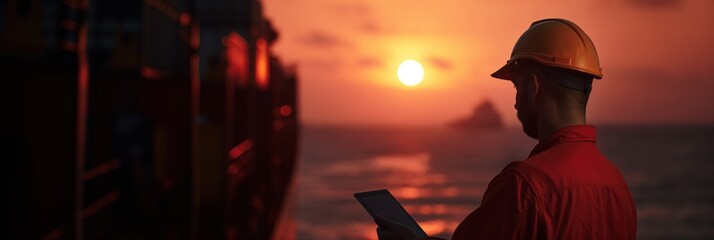 A rugged worker in safety gear checks data on a tablet as the sun sets over the horizon, merging themes of industry and nature amidst a stunning scenic backdrop.