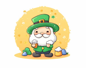 Naklejka premium Cartoon leprechaun holding beer, shamrocks, gold background