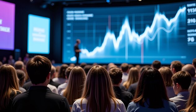 Audience watching business presentation with rising graph - informative corporate event