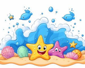 Cartoon starfish at ocean waves