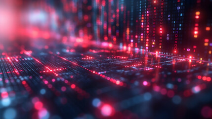 Red Neon Data Stream Abstract Technology Background, Futuristic Glowing Lines Design