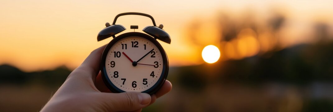 A hand delicately holding an old-fashioned alarm clock against a breathtaking sunset, symbolizing the passage of time and the importance of seizing the moment.