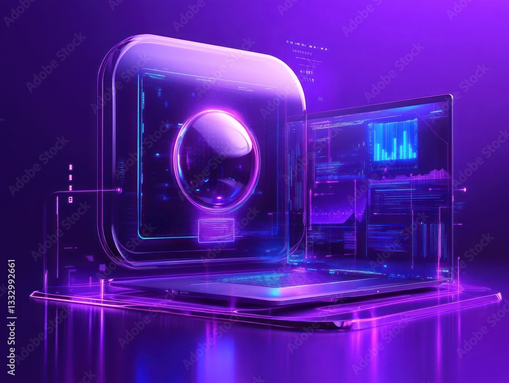 Poster futuristic digital interface with a glowing protective shield and data analytics displayed on a lapt