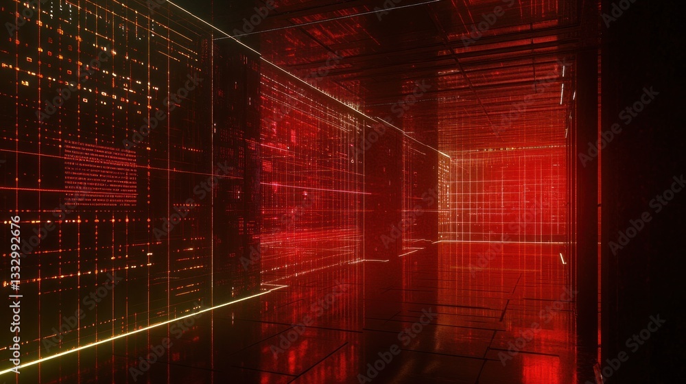 Poster futuristic digital corridor with glowing red data streams