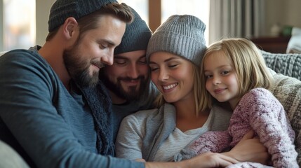 Obraz premium A happy family embracing warmly together indoors on a sofa