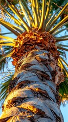 Obraz premium Palm tree bark up close, fronds and trunk, blue sky
