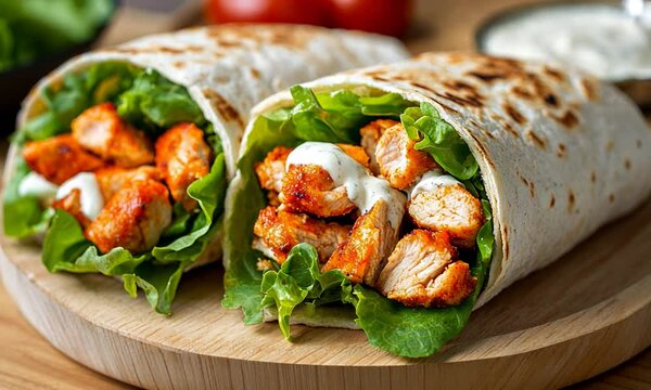 Freshly made chicken wraps with lettuce and sauce on a wooden platter, garnished with tomatoes