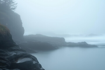 Obraz premium A misty coastal landscape featuring rocky cliffs and calm water under a dense layer of fog 