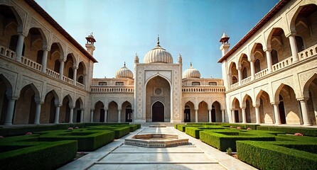 Fototapeta premium A Serene Courtyard of Grand Architecture and Lush Gardens