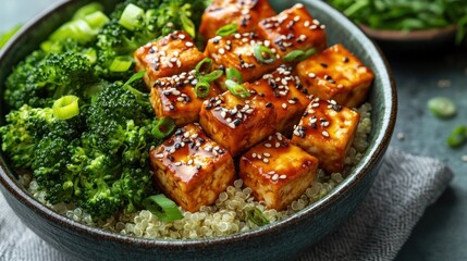 Teriyaki tofu and broccoli over quinoa in a bowl
