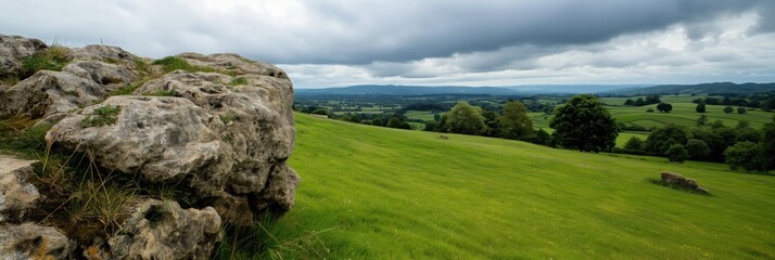 A scenic view of rolling green hills with a rugged rock foreground under a dramatic cloudy sky, representing the beauty and tranquillity of nature.
