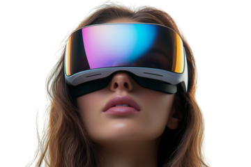 Young woman using virtual reality headset isolated on transparent background