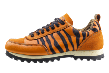 Tiger-striped shoe detail shot with black lug sole, cut out transparent