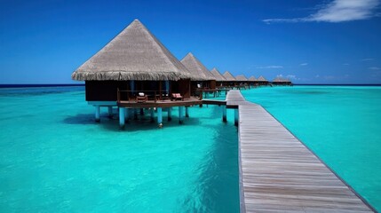 Overwater bungalows on turquoise water