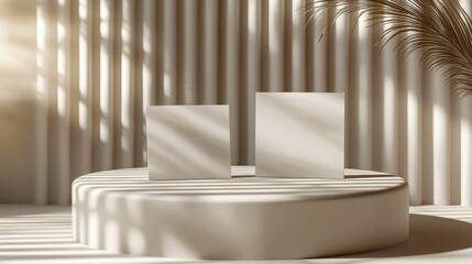 Fototapeta premium Podium with two white squares and shadows against a striped wall