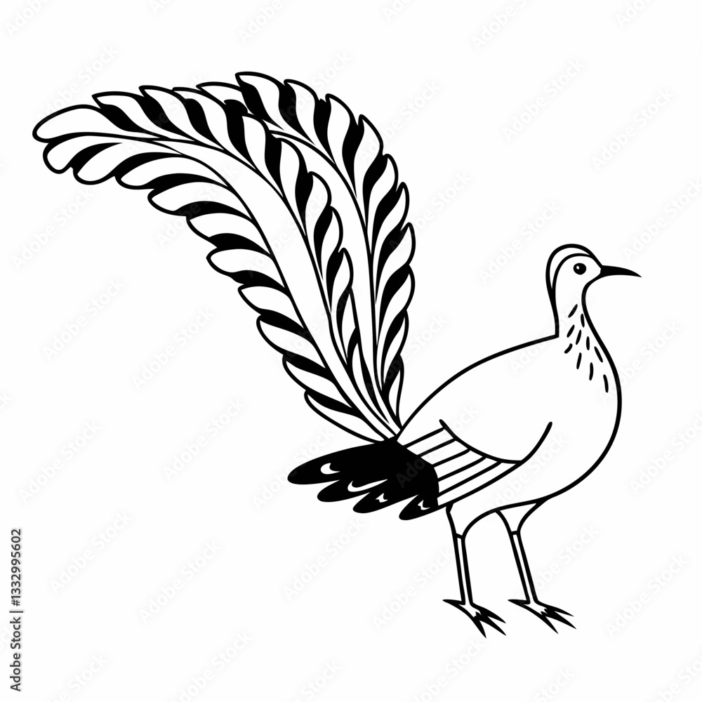 Poster a stylized illustration of a bird with an ornate tail and a minimalistic design. the image is in bla