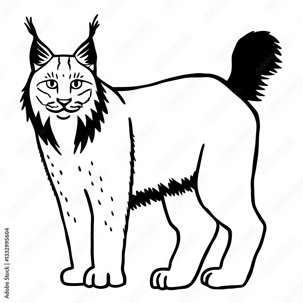 Poster a drawing of a bobcat with distinctive ear tufts and a short tail, standing elegantly vector illustr