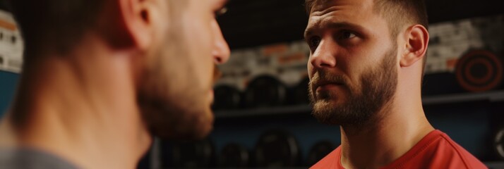 Obraz premium In a gritty gym setting, two men engage in a focused and intense conversation, revealing their passion for fitness, camaraderie, and determination to improve themselves.