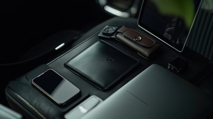 Modern Essentials on a Leather Surface Wallet Phone Watch and Tablet Arranged for Business