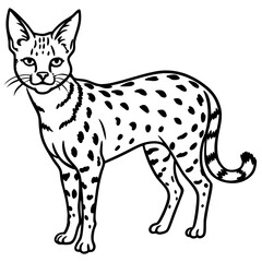 Fototapeta premium a detailed line drawing of a serval cat in a full-body view. The serval features a spotted coat and long legs, with the artwork done in black lines