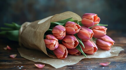 Peach Tulips Wrapped in Brown Paper on Wooden Table