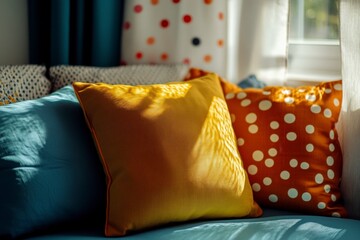 Colorful cushions accent home interior with yellow square pillow, teal throw and orange polka dot bedding near window