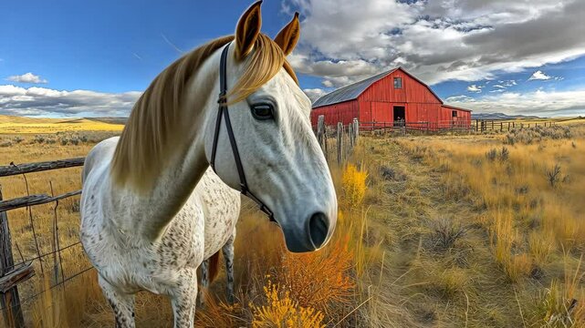 White horse standing near a red barn in rural farmland.