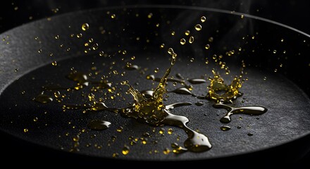 Golden oil droplets splashing in dark pan cooking food art fry life heat black shiny still macro