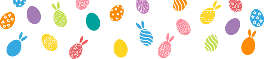 Horizontal easter eggs seamless border .Set of simple colorful eggs. Happy Easter seamless pattern or border. Easter decoration with painted eggs and rabbits. Happy Easter banner