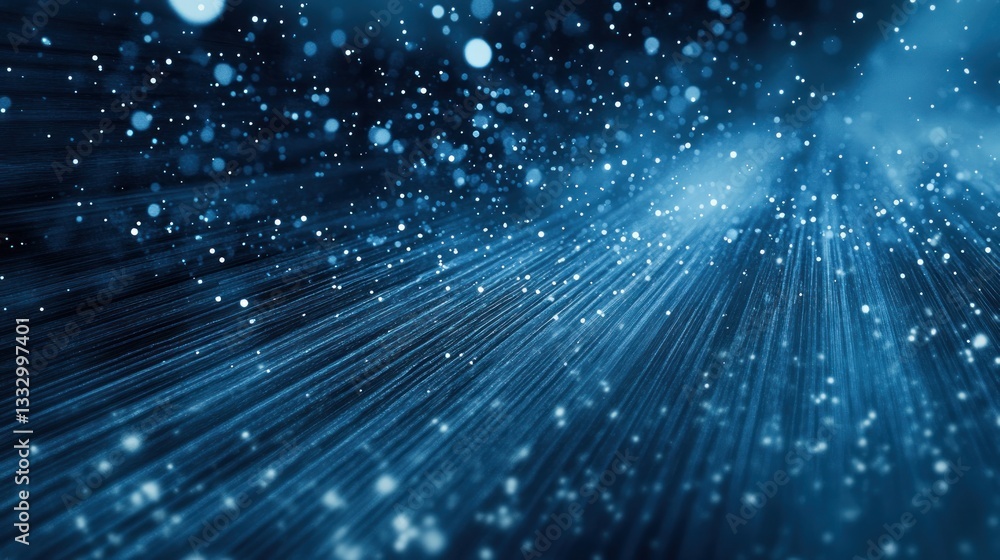 Poster abstract blue background with glowing particles and light rays creating a dynamic and vibrant atmosp