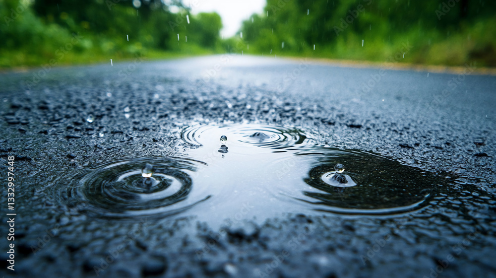 Aufkleber close-up of raindrops creating concentric circles on dark asphalt, showcasing the texture of water a