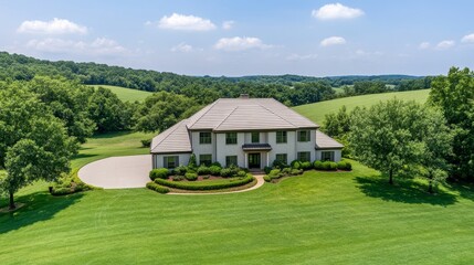 Aerial view of a spacious suburban home surrounded by lush greenery and rolling hills