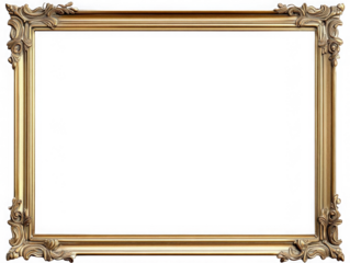 A rectangular wooden golden painting frame with antique ornaments. Full transparent PNG. 
