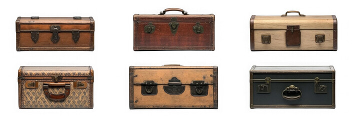 A set, one raw of old vintage wooden trunks isolated on a transparent background 
