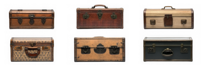 A set, one raw of old vintage wooden trunks isolated on a transparent background 
