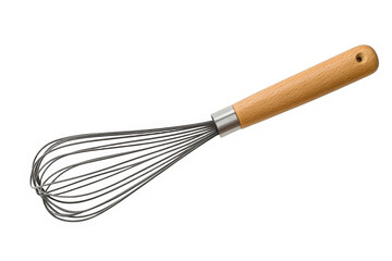 Kitchen whisk with wooden handle on a transparent background. Kitchen tool concept. isolated object 
