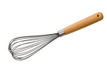 Kitchen whisk with wooden handle on a transparent background. Kitchen tool concept. isolated object 
