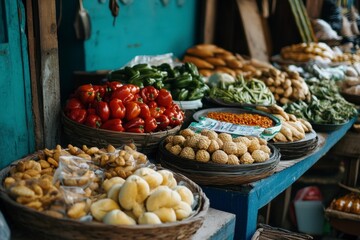 Market Stall Display of Fresh Produce - Red Peppers, Green Peppers, Root Vegetables and Other Foods in Baskets