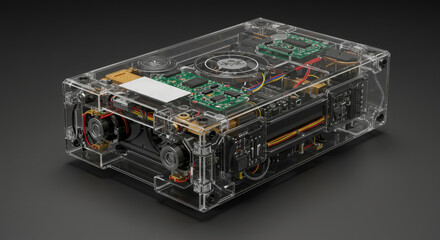 A transparent plastic box showcasing a complex electronic device with a green circuit board and various components.