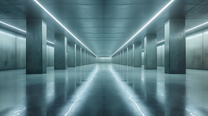 Fototapeta premium Futuristic Concrete Tunnel Teal Lighting, Modern Urban Architecture Design