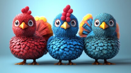 Three colorful cartoon chickens
