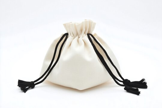 A white drawstring bag with black ties, isolated on a white background.