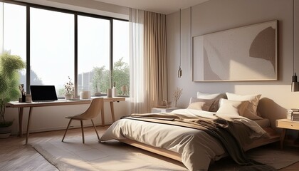 Fototapeta premium Light bedroom interior with bed and workplace near window, mockup poster